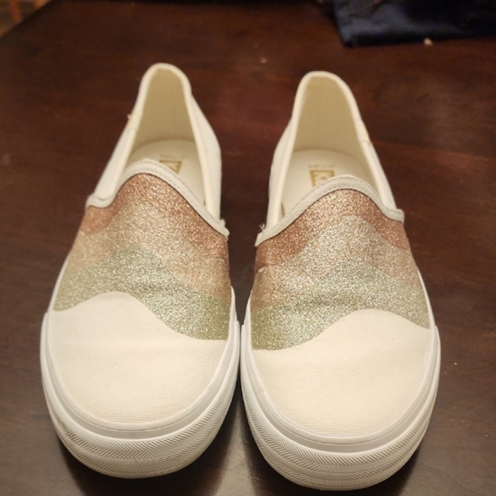 Keds Slip On 7.5 Sneakers Glitter Canvas Cream Beige Womens